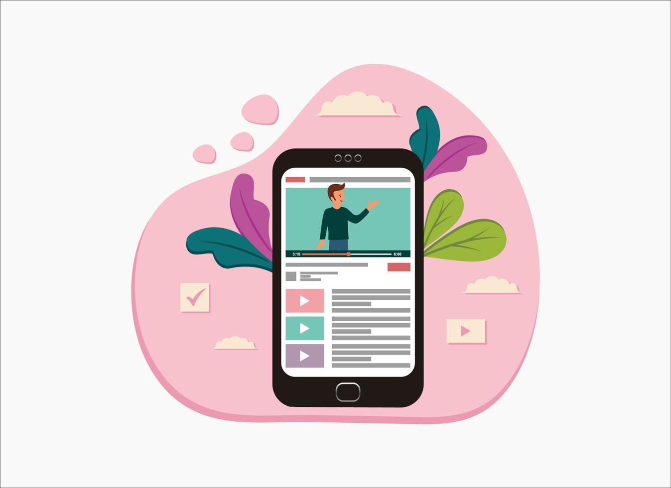 Blogger in handphone. Smiling womens on review or vlog, flat design illustration vector
