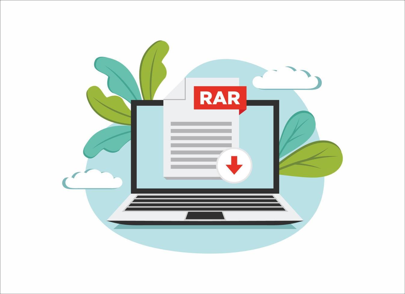 Download RAR icon file with label on laptop screen. Downloading document concept vector