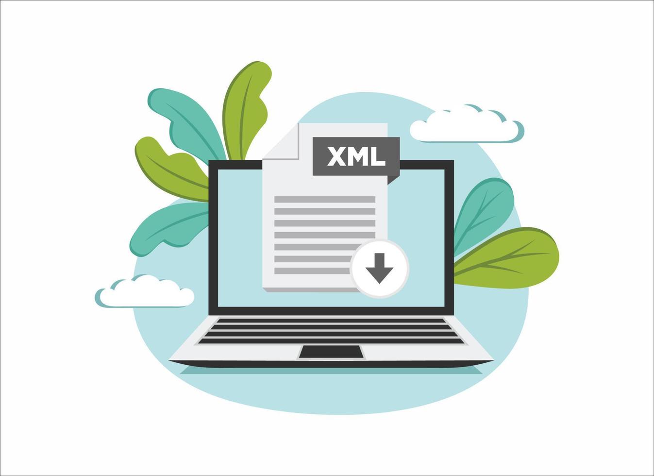 Download XML icon file with label on laptop screen. Downloading document concept vector