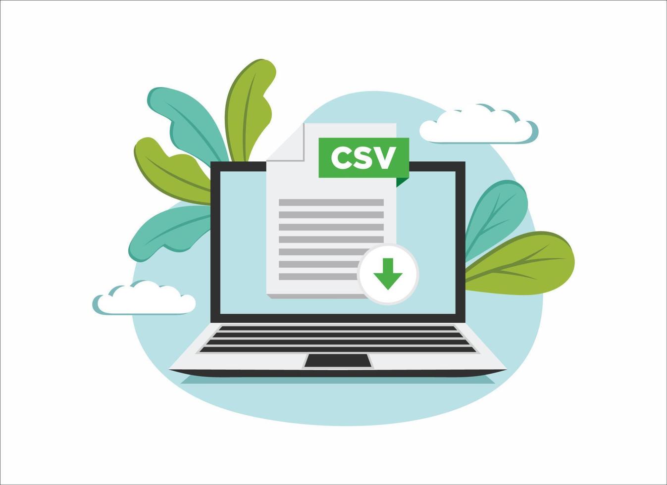 Download CSV icon file with label on laptop screen. Downloading document concept vector