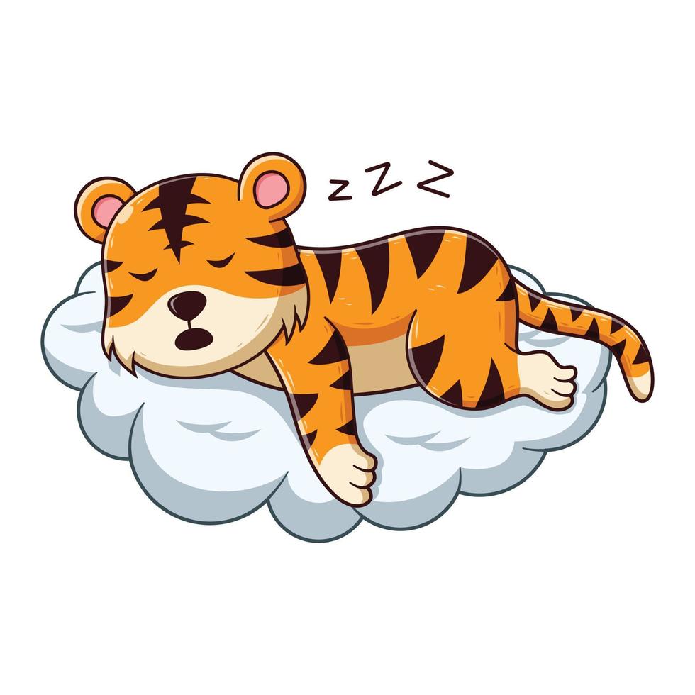 lindo tigre durmiendo en la caricatura de la nube. concepto de icono de animal. estilo de dibujos animados plana. adecuado para página de inicio web, pancarta, volante, pegatina, tarjeta vector