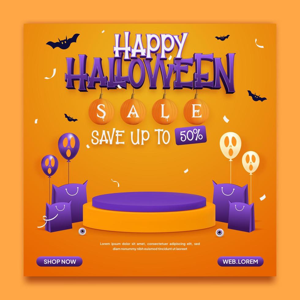 Halloween sale social media ads banner template with podium and halloween elements vector