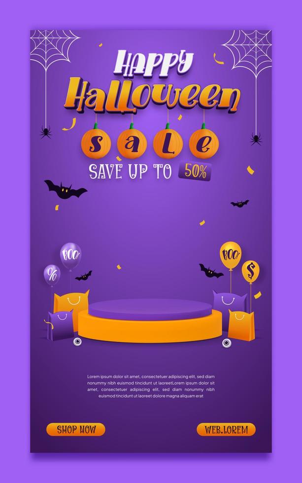 Halloween sale social media poster template with podium on purple background vector