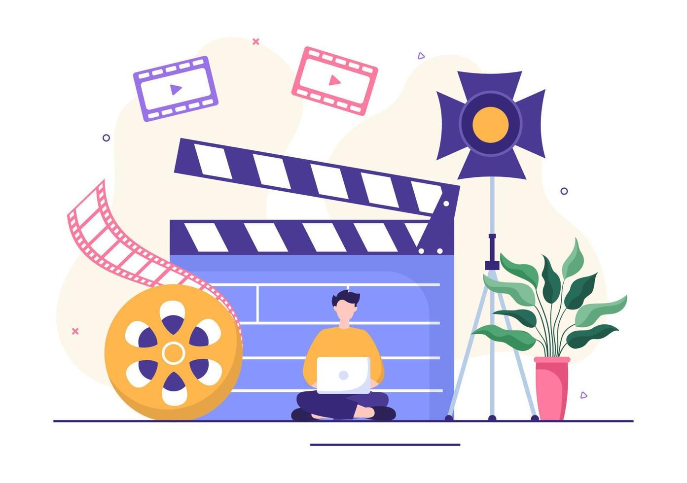 plantilla de servicios de videógrafo ilustración plana de dibujos animados dibujados a mano con producción de video récord, películas, equipos y diseño de la industria del cine vector