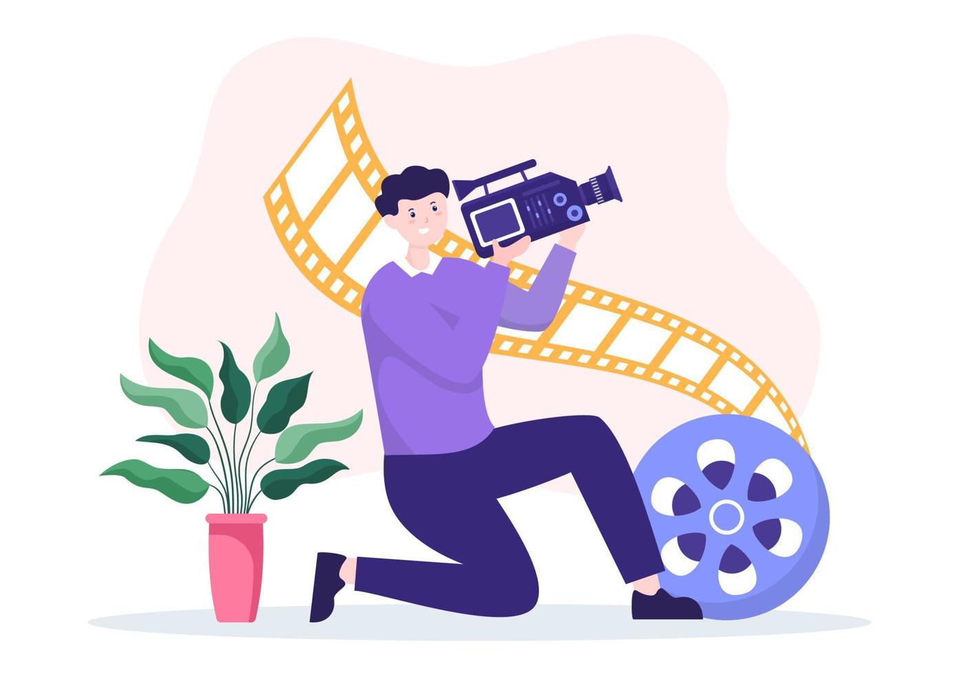 plantilla de servicios de videógrafo ilustración plana de dibujos animados dibujados a mano con producción de video récord, películas, equipos y diseño de la industria del cine vector