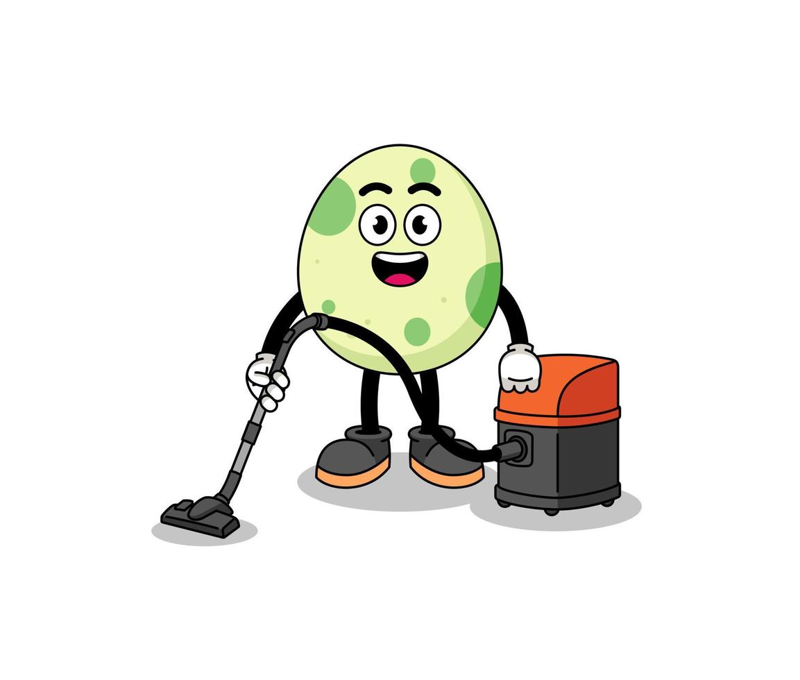 Character mascot of spotted egg holding vacuum cleaner vector