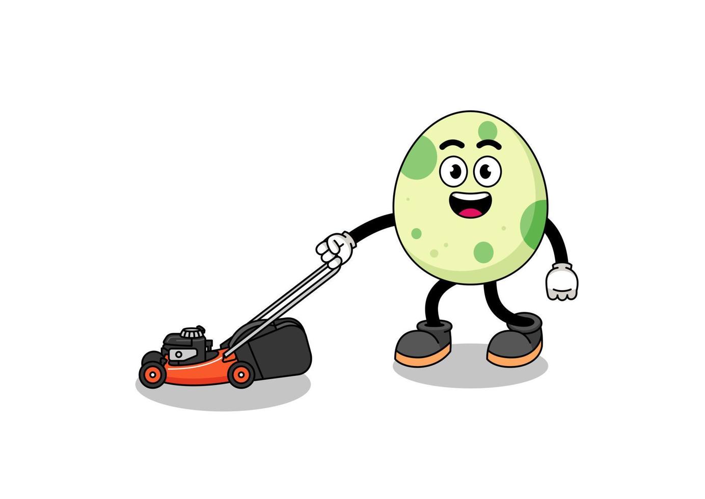 spotted egg illustration cartoon holding lawn mower vector