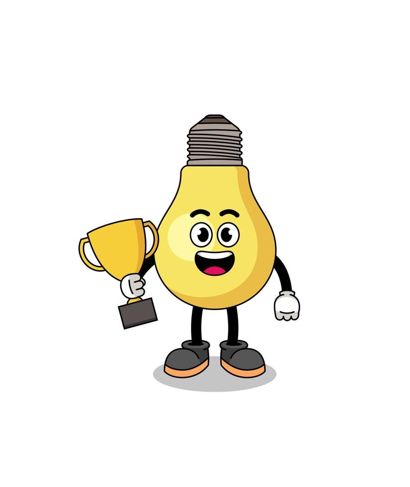 Cartoon mascot of light bulb holding a trophy vector