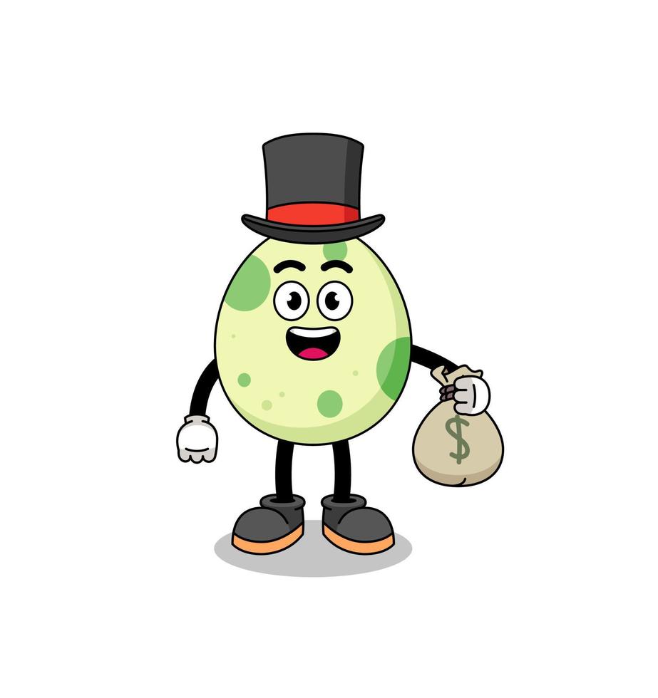 spotted egg mascot illustration rich man holding a money sack vector