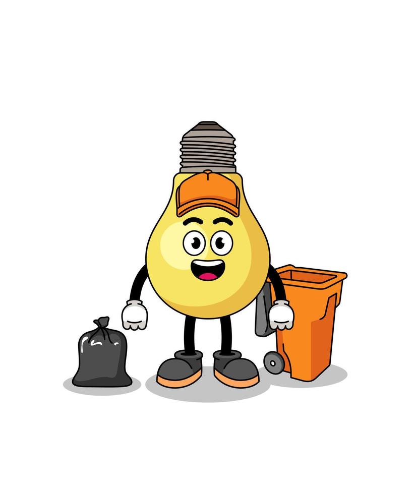 ilustración de dibujos animados de bombilla como recolector de basura vector