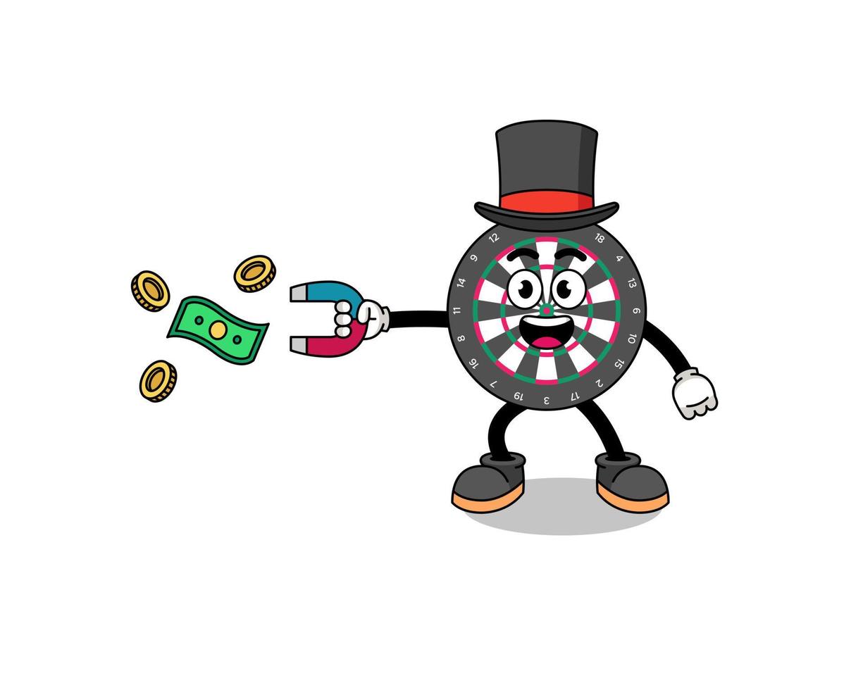 ilustración de personaje de tablero de dardos atrapando dinero con un imán vector