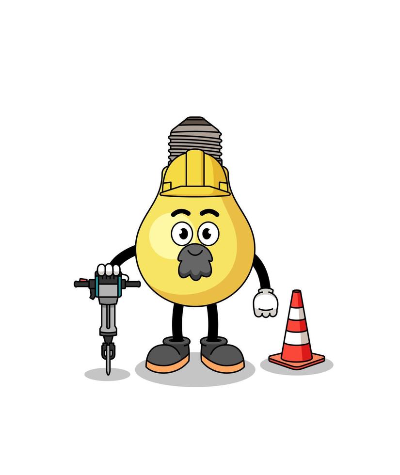 caricatura de personaje de bombilla trabajando en la construcción de carreteras vector