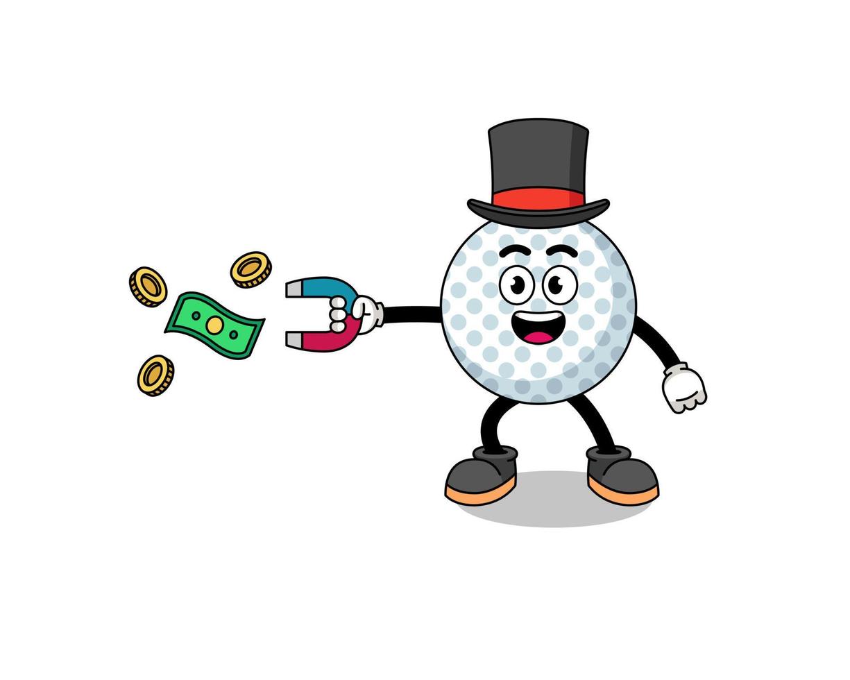 ilustración de personaje de pelota de golf atrapando dinero con un imán vector