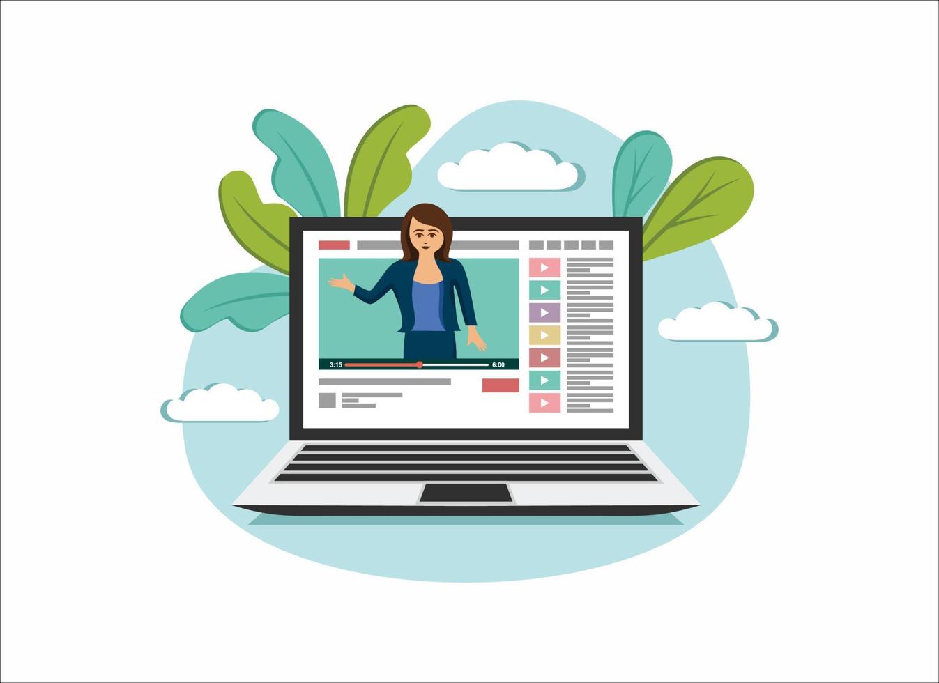 Female video blogger. People doing review on laptop screen. vector