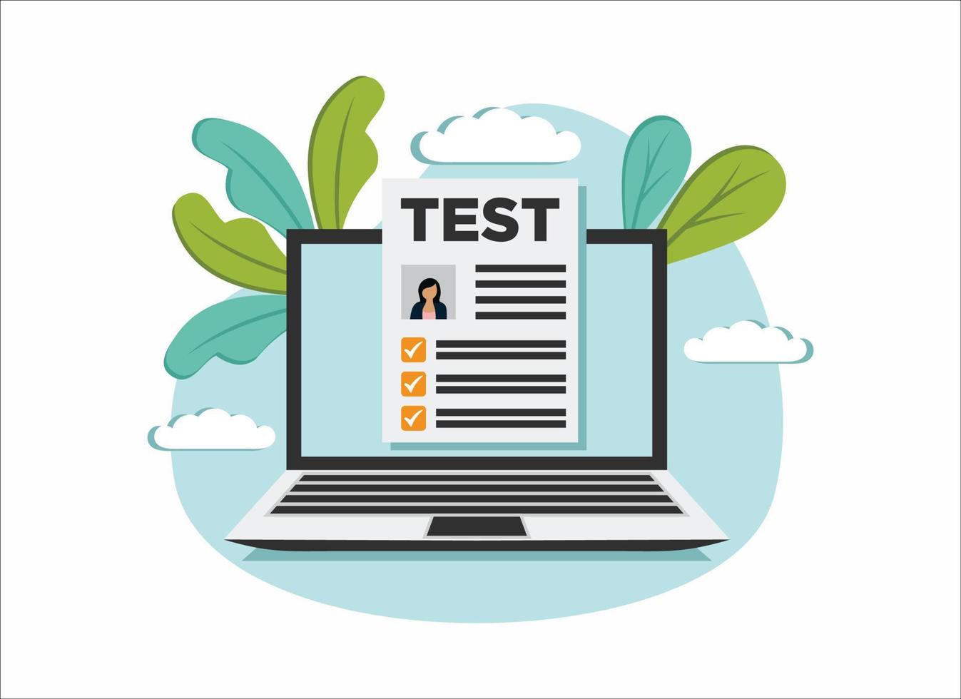 Test Online exam, laptop with checklist, taking test, choosing answer, questionnaire form, education concept. Flat cartoon design, vector illustration on background