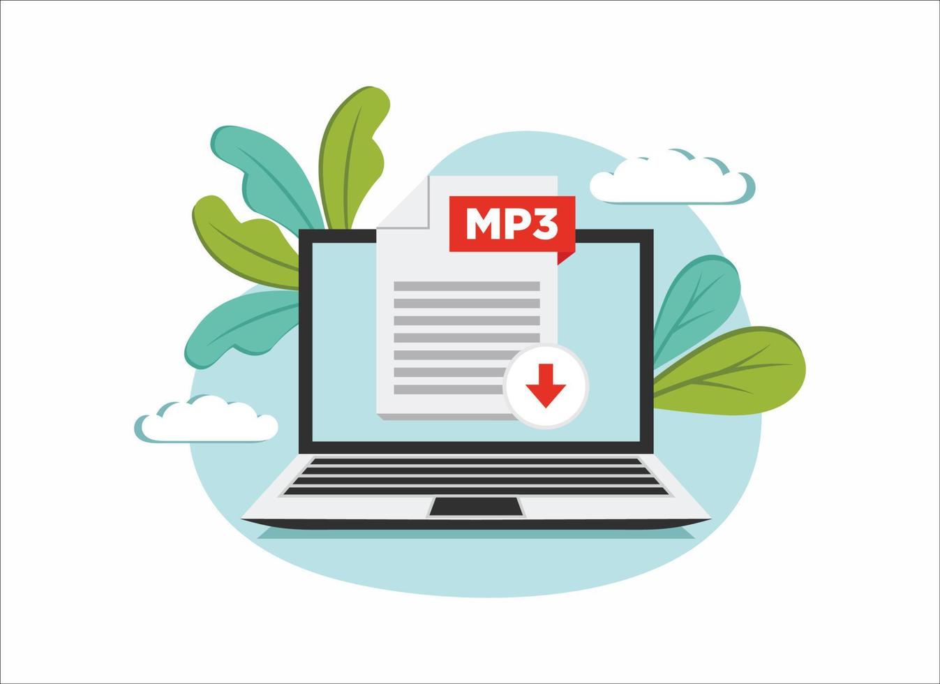 Download MP3 icon file with label on laptop screen. Downloading document concept vector