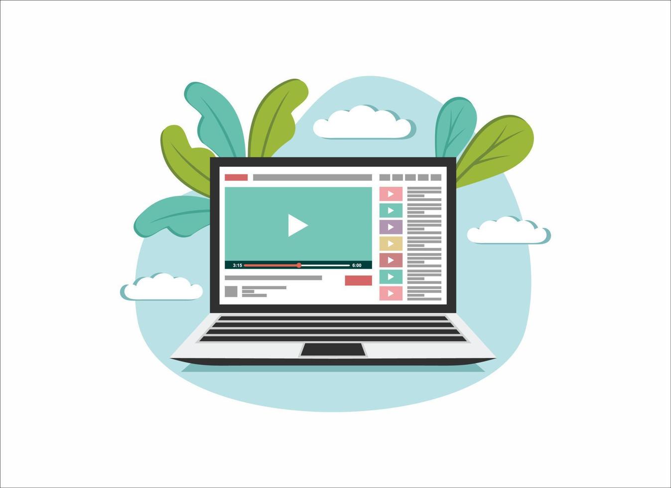video media player icon on laptop computer concept, flat vector illustration