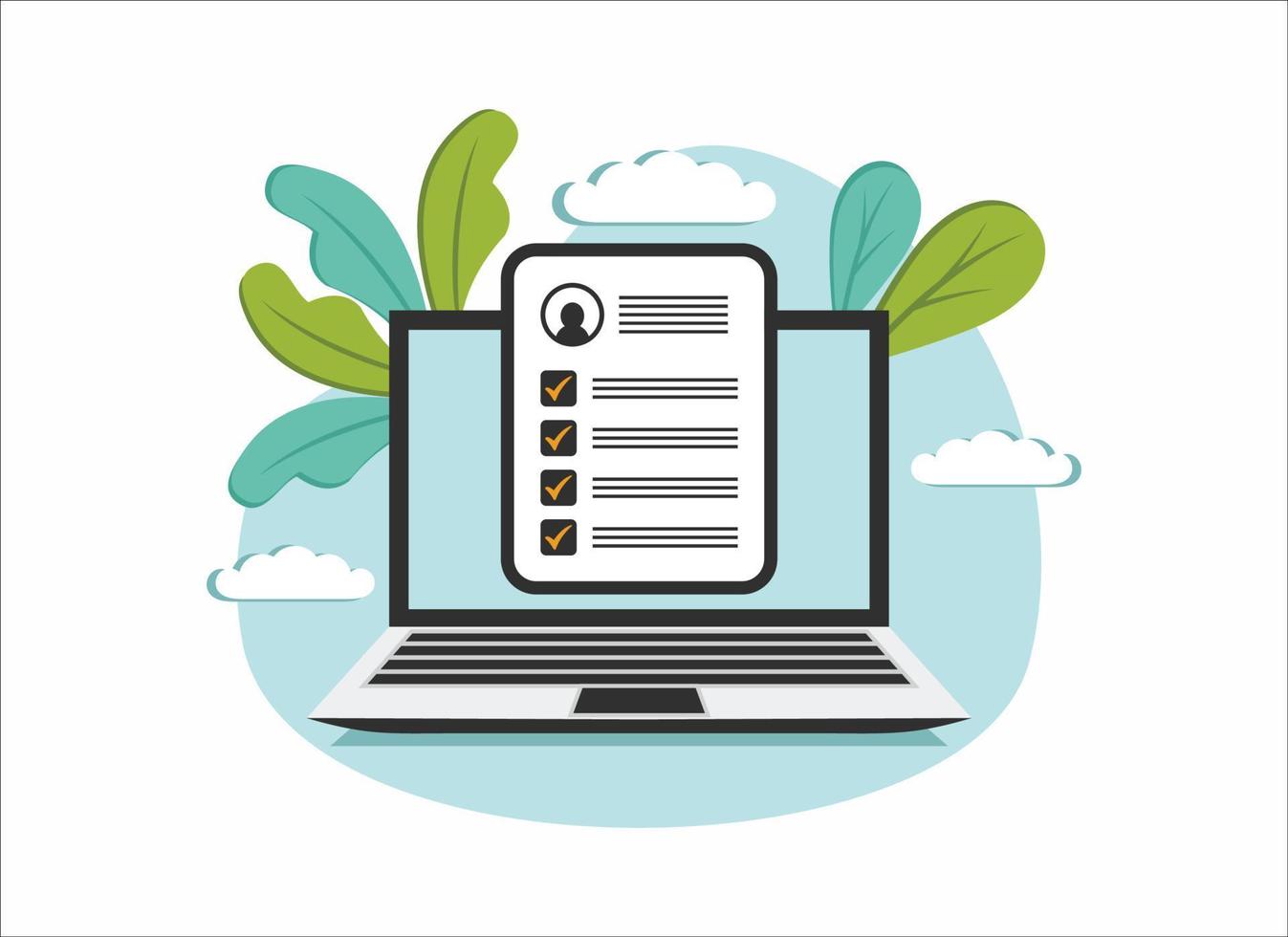 CV resume. Job interview concept. Writing a resume. Laptop with personal resume. Vector illustration.