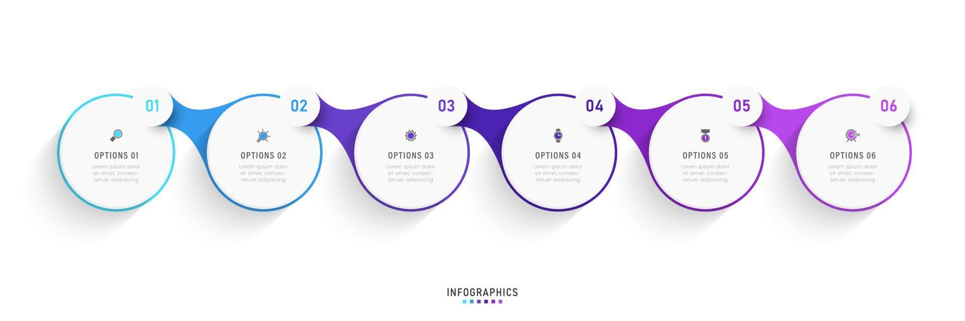 plantilla de diseño de etiquetas infográficas vectoriales con iconos y 6 opciones o pasos. se puede utilizar para diagramas de proceso, presentaciones, diseño de flujo de trabajo, banner, diagrama de flujo, gráfico de información. vector