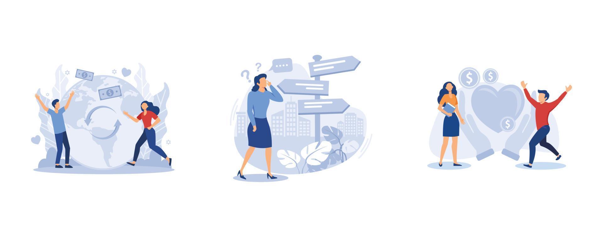 Decision making. Social responsibility, choice, philanthropy, social value, private initiative, problem solving, donation fund. set flat vector modern illustration