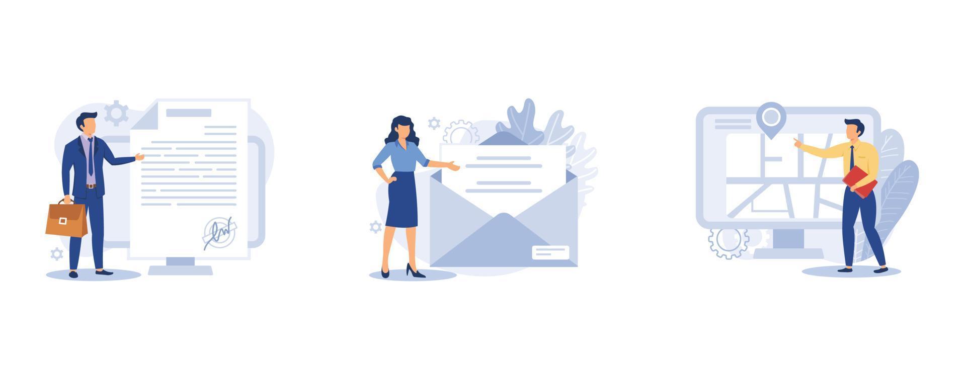 Company website menu. Legal notice, newsletter website tab, maps and directions, corporate rules, user interface. set flat vector modern illustration