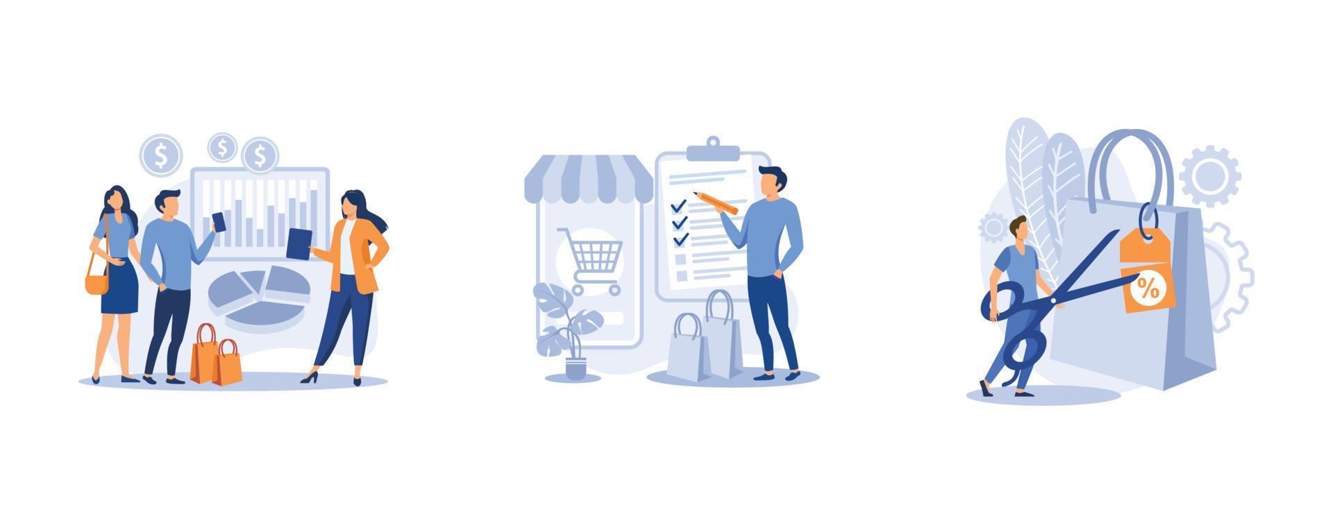 Marketing and promotion. Consultative sales, purchase agreement, retail markdown, terms and conditions, product price, b2b selling. set flat vector modern illustration