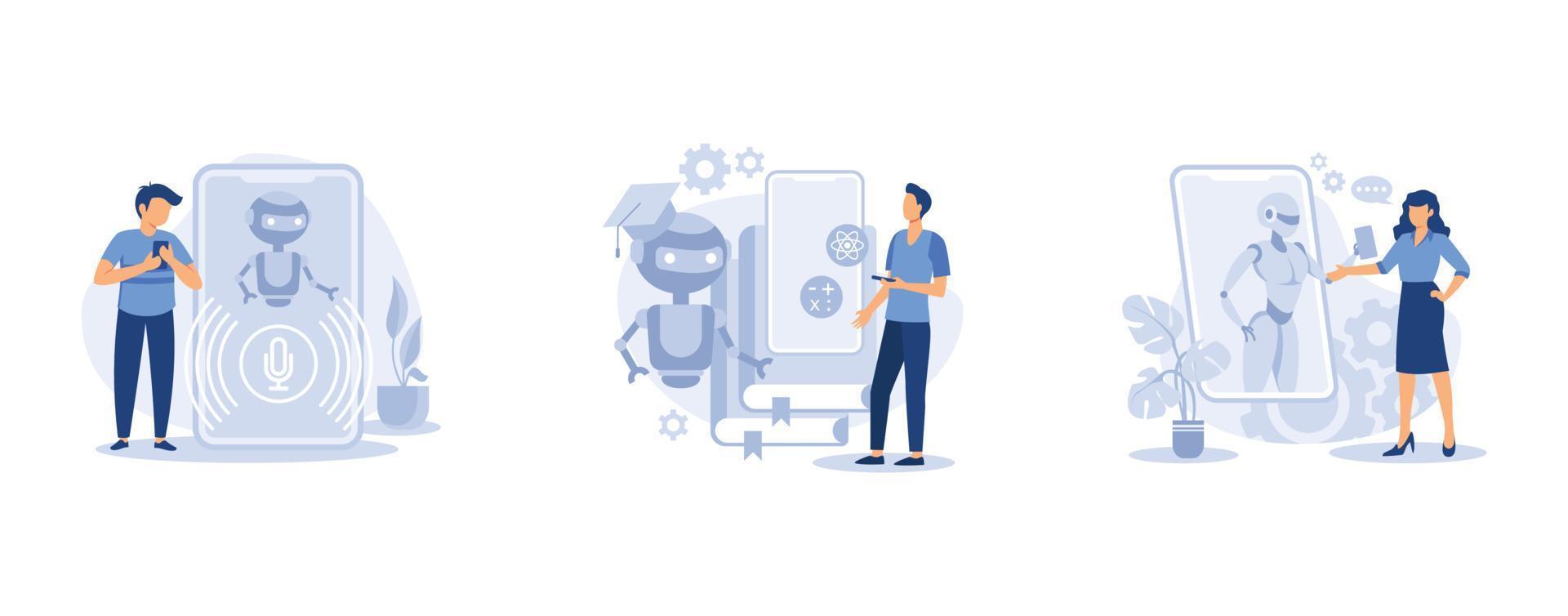 Smartphone voice application. Chatbot voice controlled virtual assistant, machine self learning and customer service. set flat vector modern illustration