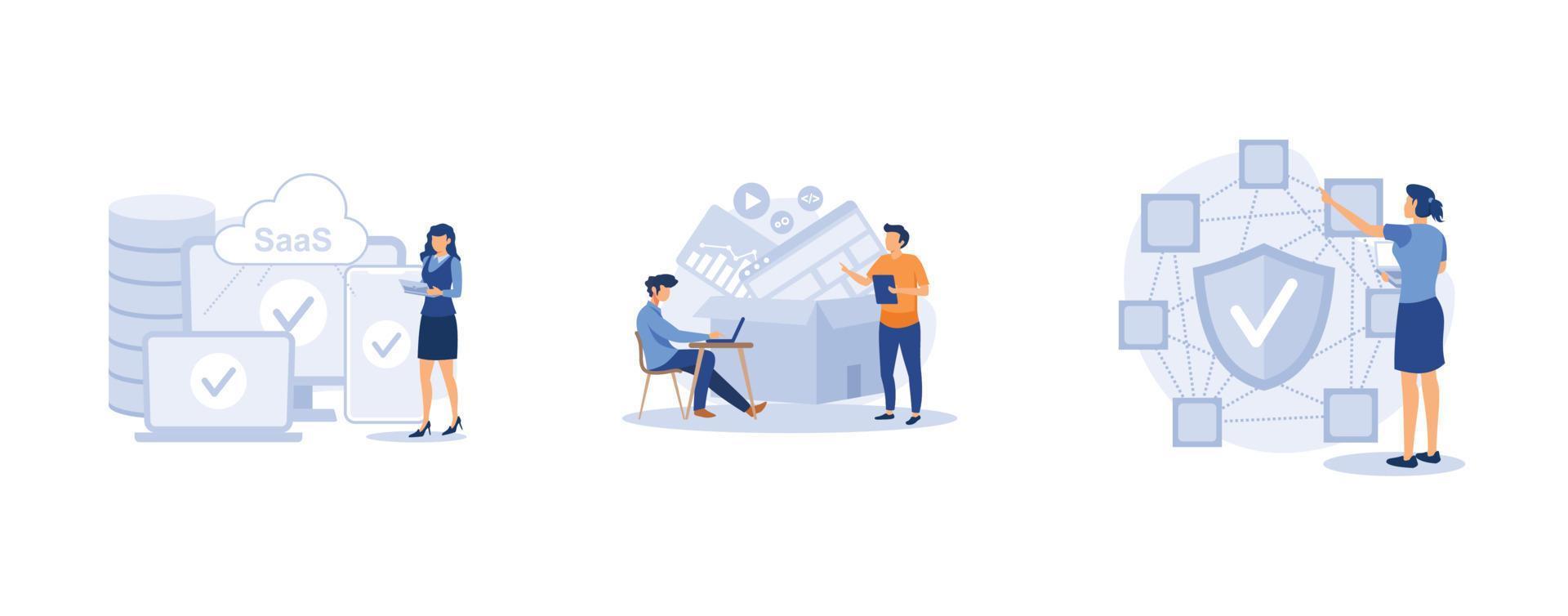 Application service.  SaaS technology, packaged software, decentralized application, cloud computing, software licensing. set flat vector modern illustration