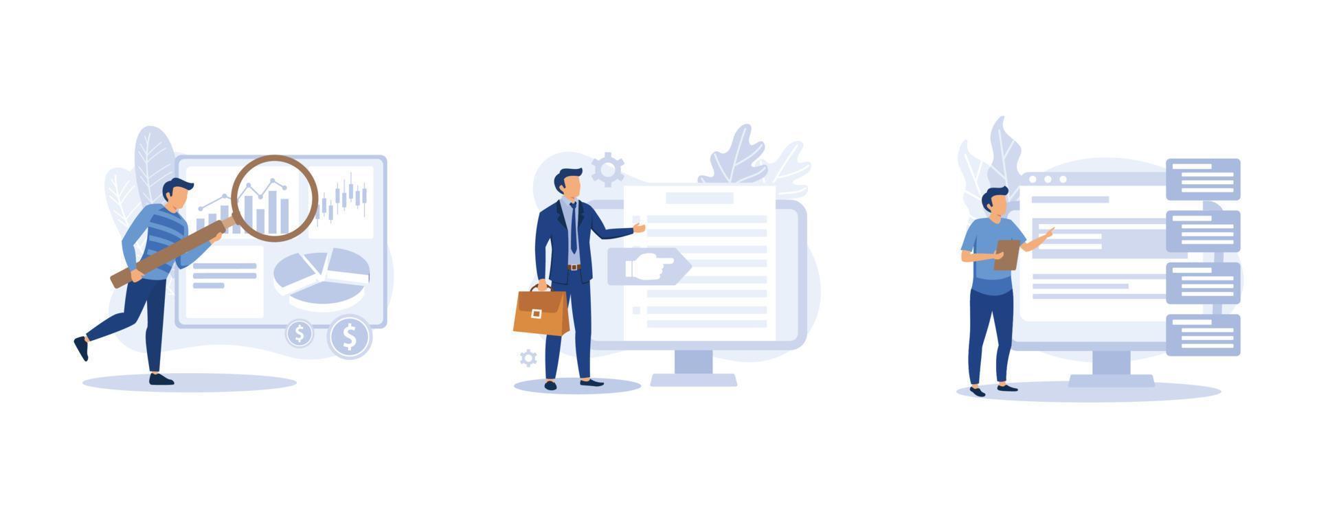 Company activity stats automation. Paperwork optimization. Business intelligence, vision and scope document, software requirement description metaphors.  set flat vector modern illustration