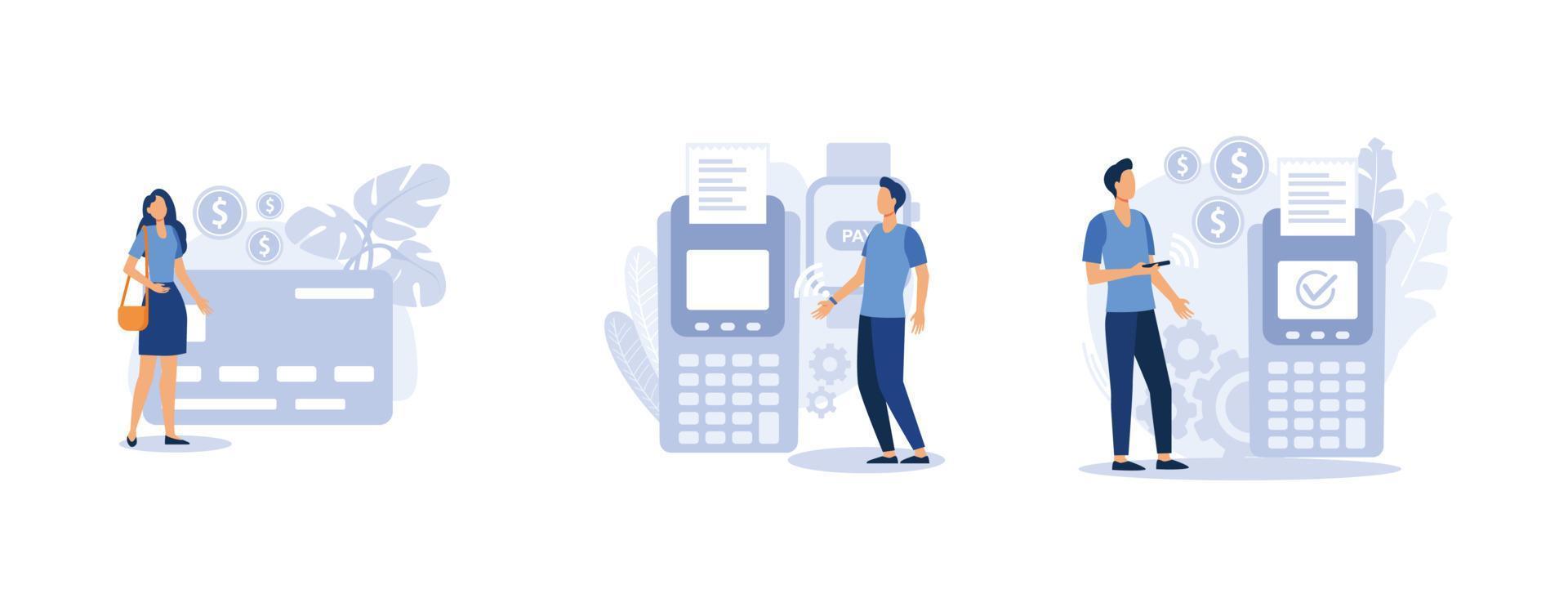 Digital transactions. Plastic money, contactless smartwatch payment, credit and debit card, smartphone banking application. set flat vector modern illustration