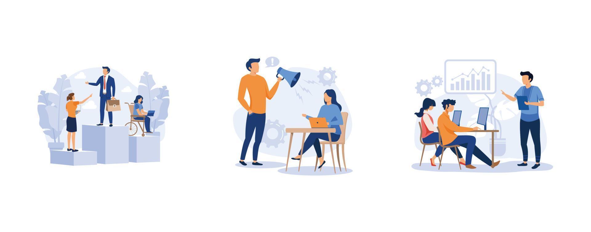 Workplace culture. Workplace and racial discrimination, equal employment opportunity, shared values, sexual harassment. set flat vector modern illustration