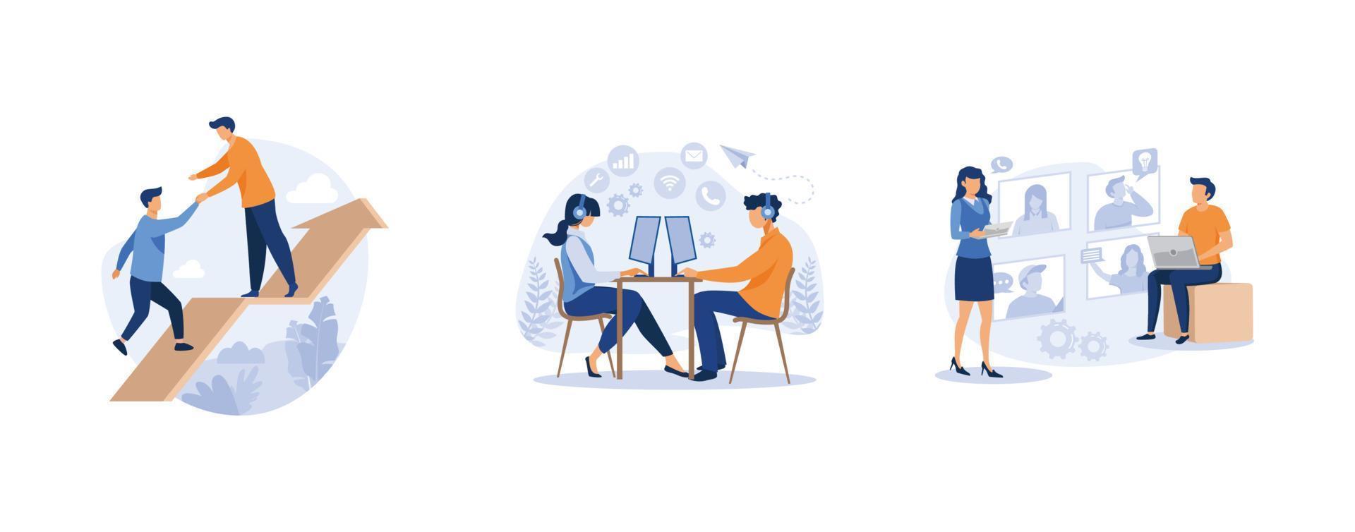 increase motivation, hotline operators consult customers with headsets on computers, online business conference, set flat vector modern illustration