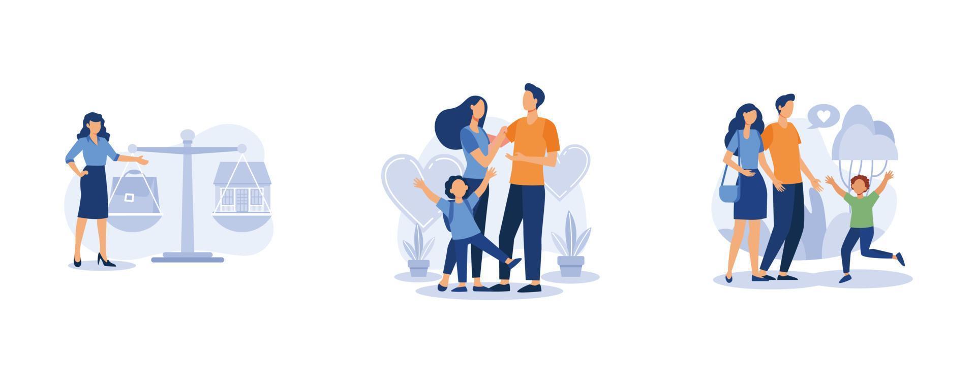 familia feliz. equilibrar el trabajo y la familia, la responsabilidad de los padres, los padres adoptivos cariñosos, los roles sociales, el cuidado de crianza. establecer vector plano ilustración moderna