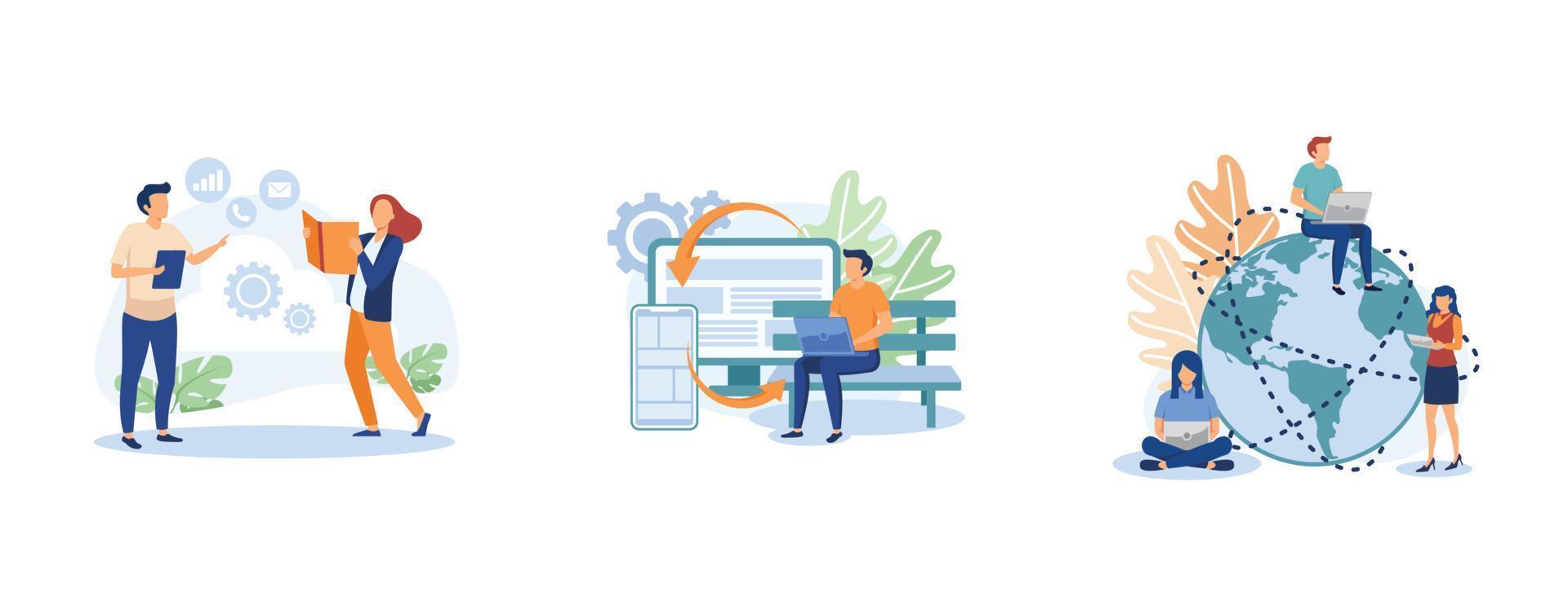 Global communication. Cloud management, cross-platform software, global network connection, data storage, application development. set flat vector modern illustration