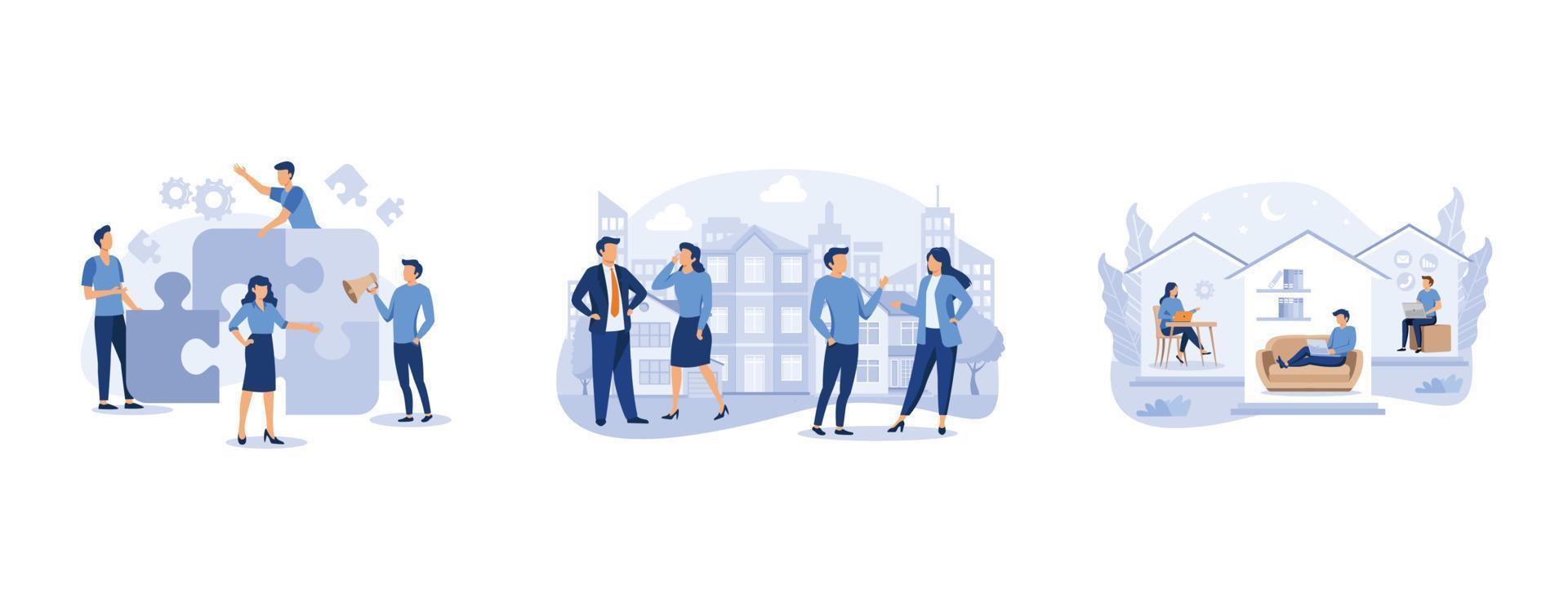 happy family, brainstorming, business concept for teamwork, office workers are studying the infographic, set flat vector modern illustration