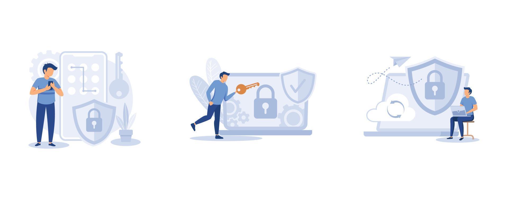 Data transfer . Secure web traffic, rights of access, secure file sharing, virtual private network, VPN, traffic analysis. set flat vector modern illustration
