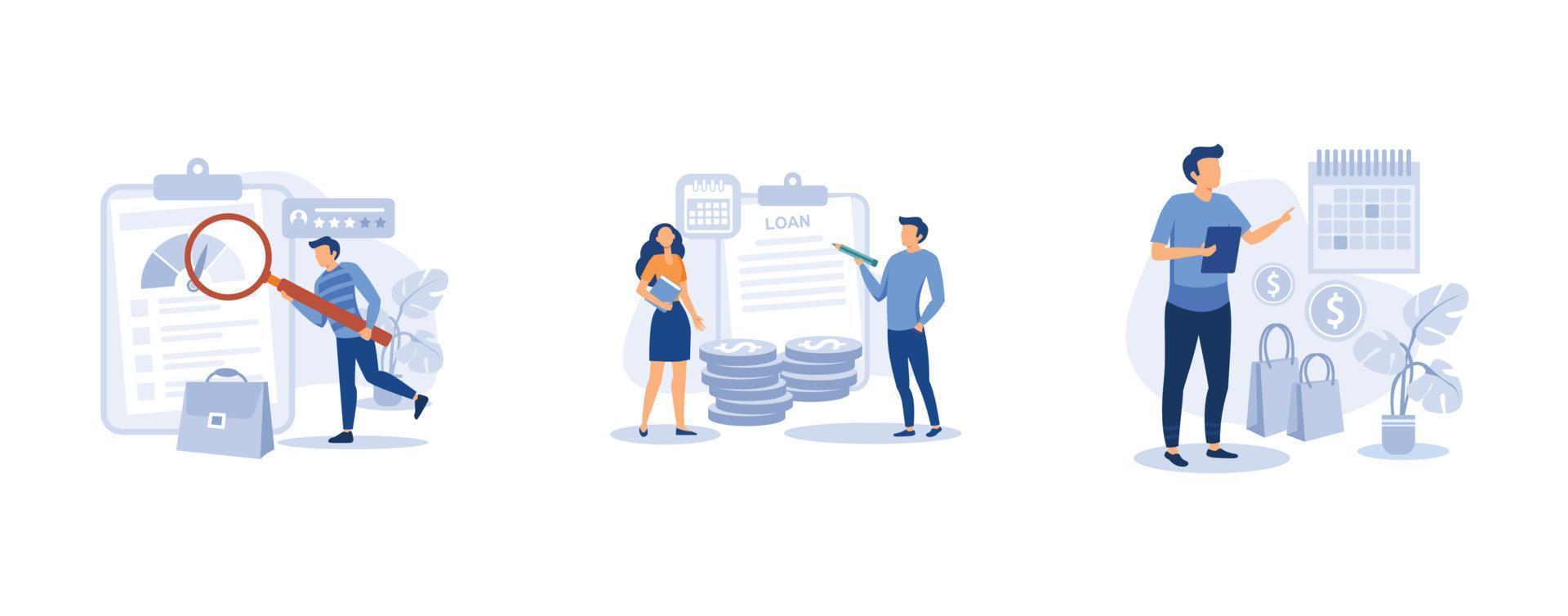 Bank serviceset. Credit rating, loan disbursement, deferment of payment, risk evaluation, student loan, payment terms. flat vector modern illustration