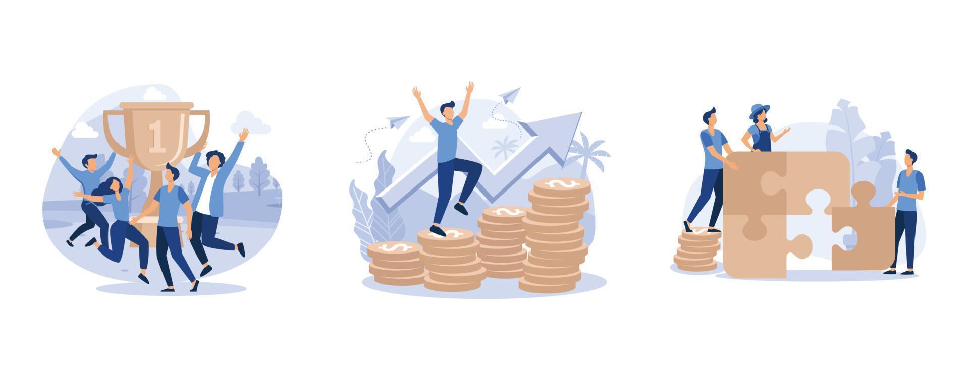 goal achievement, man climbs coin chart, financial management concept, set flat vector modern illustration