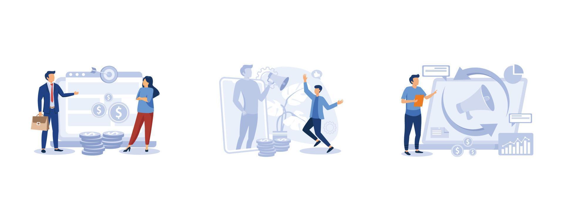 Internet promotion strategy. Affiliate marketing, referral program, remarketing, online sales management, targeted advertising. set flat vector modern illustration