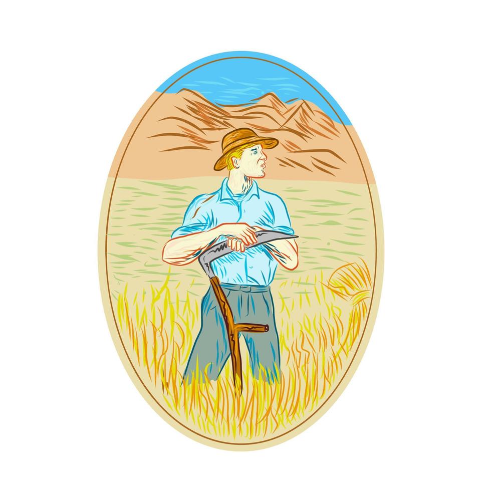 Wheat Organic Farmer Scythe Oval Drawing vector