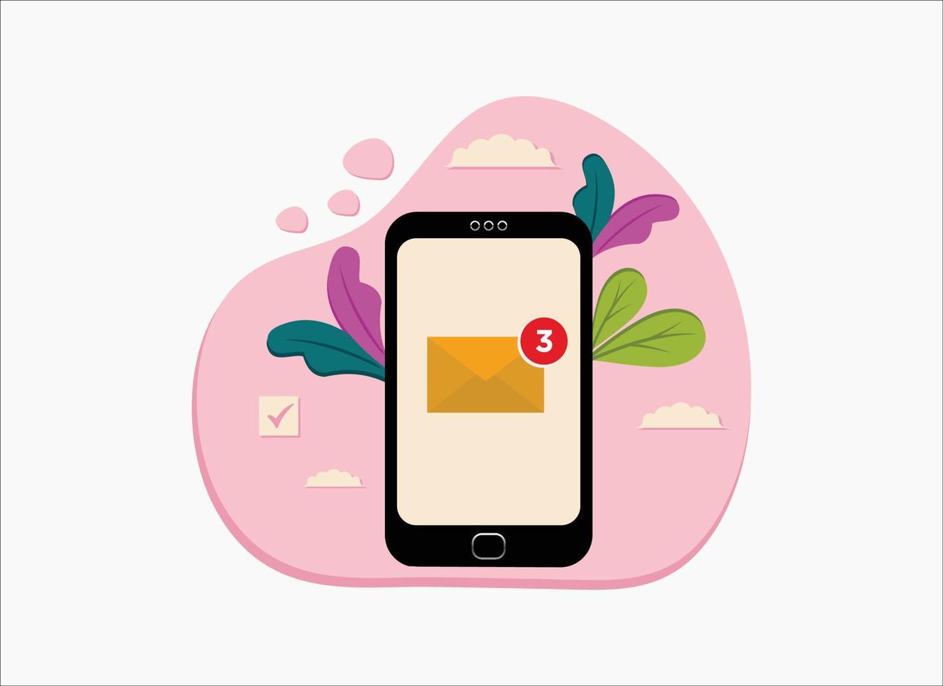 email notification on handphone display screen concept, flat design vector illustration