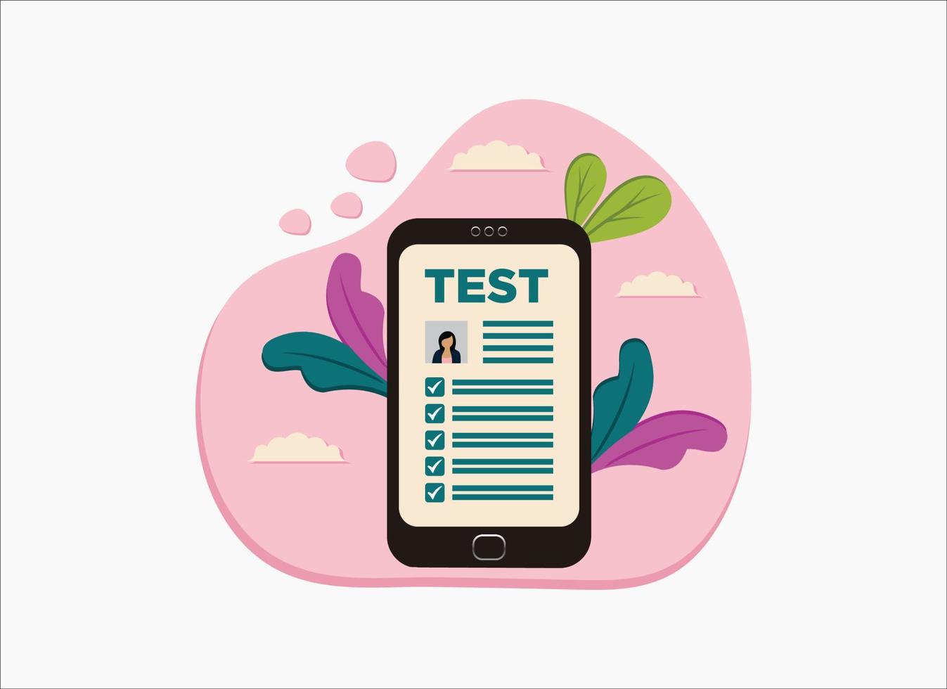 Online exam, phone with checklist profile, taking test, to do list, questionnaire form, education concept. Flat cartoon design, vector illustration on background