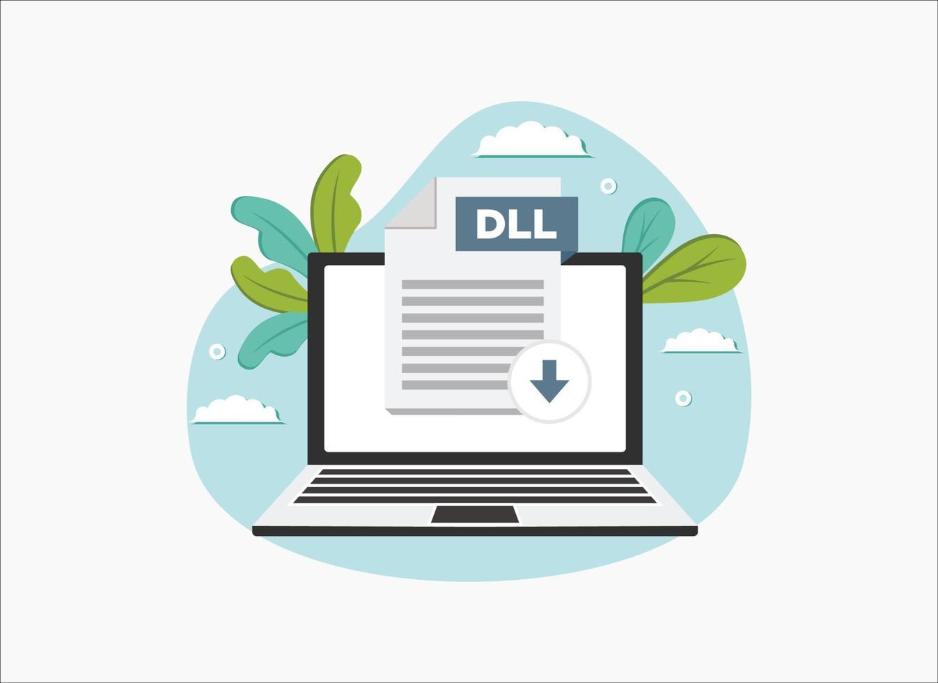 Download DLL icon file with label on laptop screen. Downloading document concept, vector flat illustration