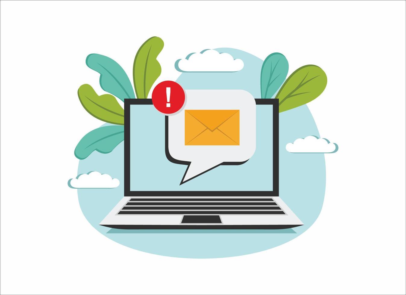 email problem notification on laptop computer display screen concept, flat vector illustration
