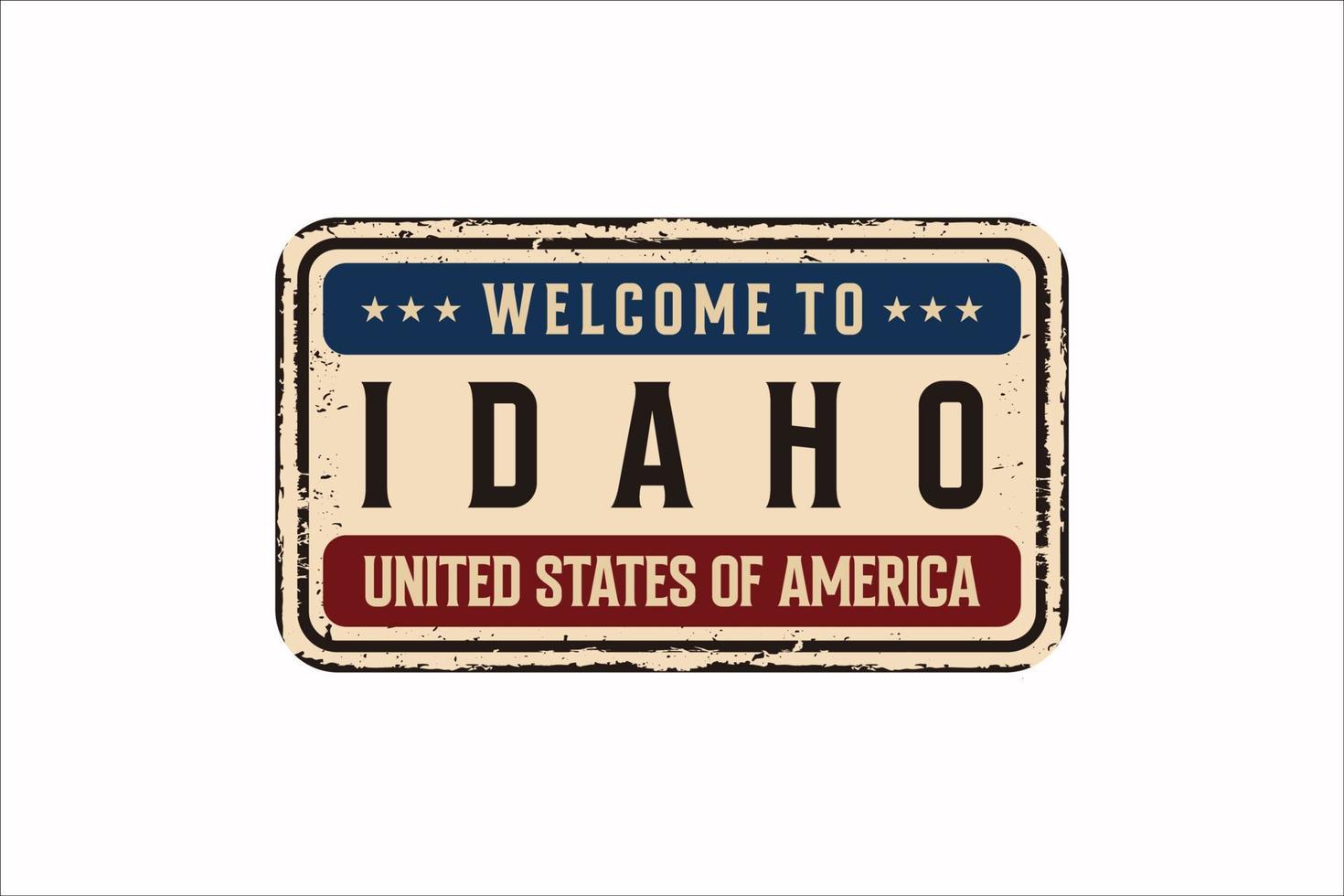 Bienvenido a la matrícula oxidada vintage de Idaho sobre un fondo blanco, ilustración vectorial vector