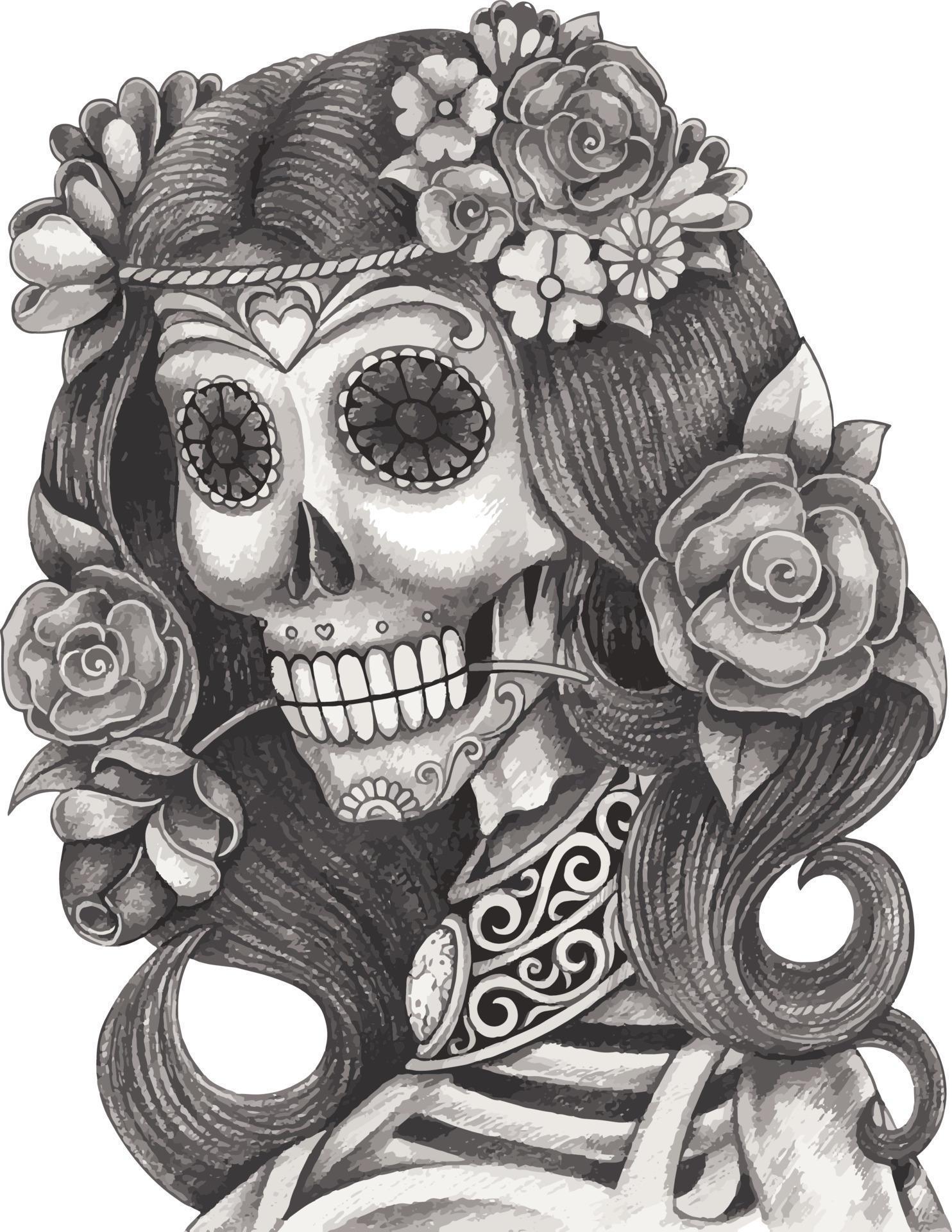 Art fashion model skull day of the dead. hand drawing and make graphic