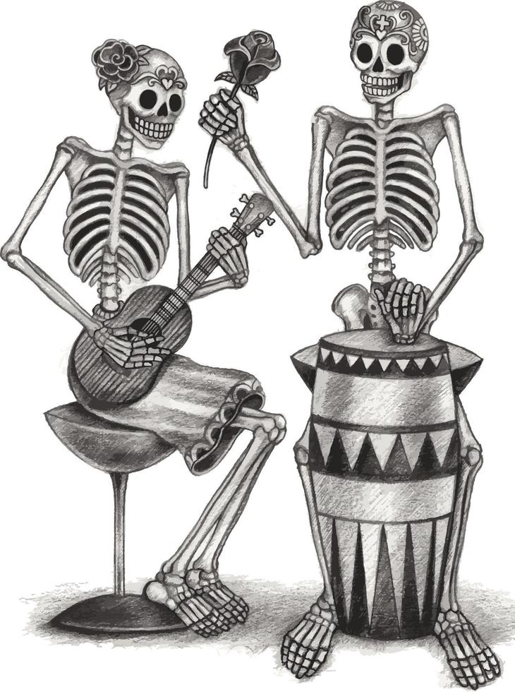 pareja de arte en calaveras de amor tocando música día de los muertos. dibujo a mano y hacer vector gráfico.