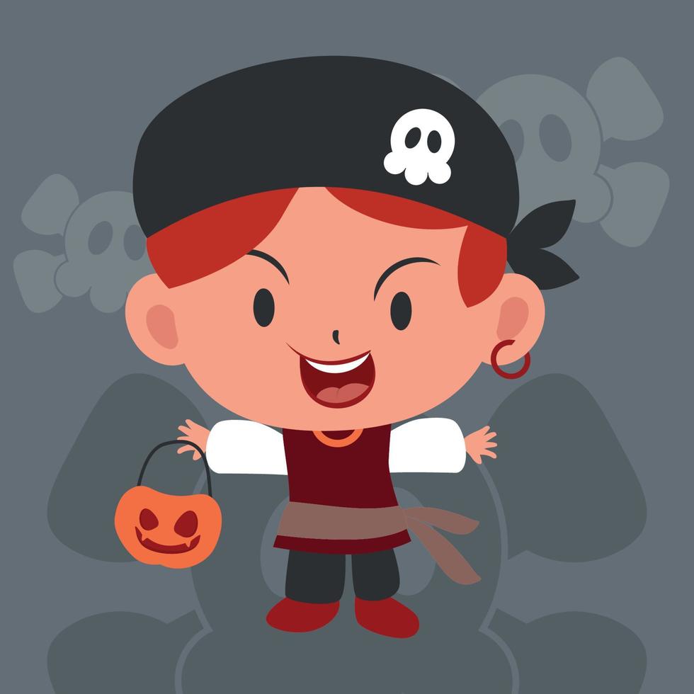 Cute Flat Halloween Character Kids on Pirates Costume vector