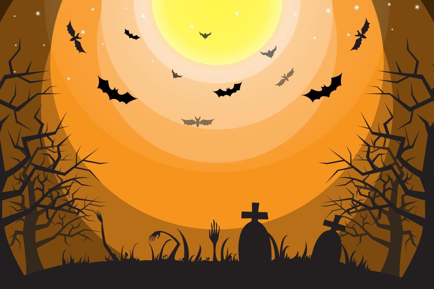 celebración de halloween con varios personajes, luna llena, casa del diablo, murciélagos y noche vector