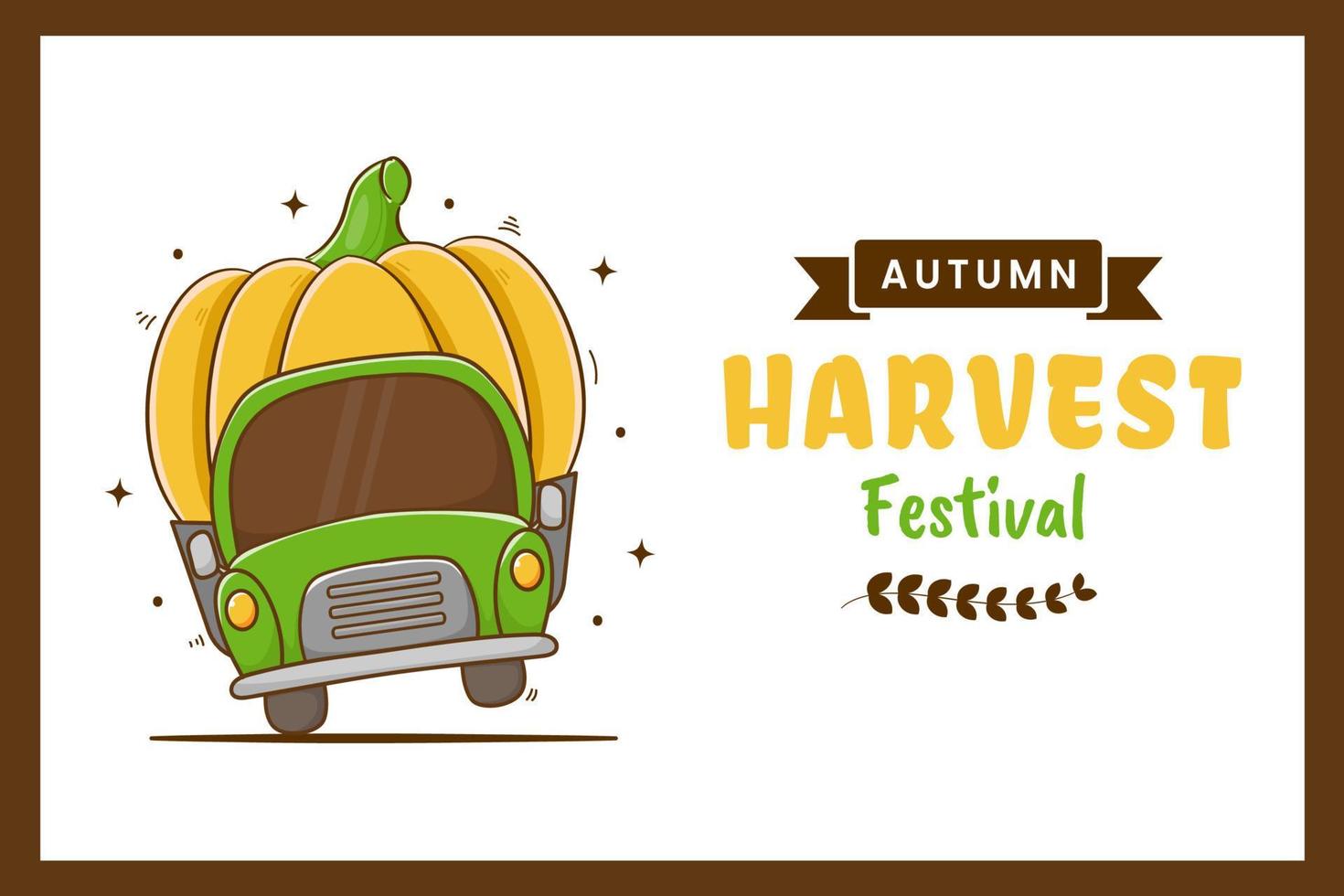 Hand drawn truck harvest pumpkin. Thanksgiving card template cartoon. Vector art illustration